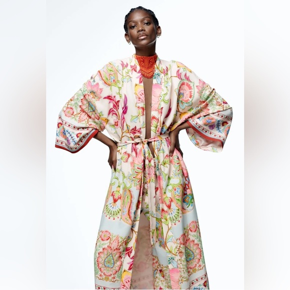 Zara Floral Printed Multicolor Long Belted Pink Pastel Kimono - Picture 4 of 12